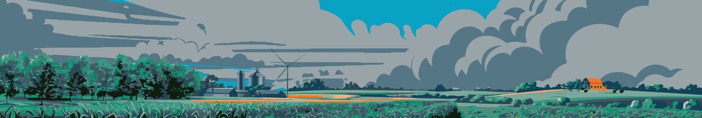 An agricultural field with crops, trees, farm buildings and a windmill
